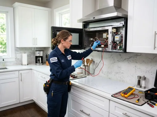 Appliance Repair Hero technician testing an over-the-range microwave in a Apex, NC kitchen